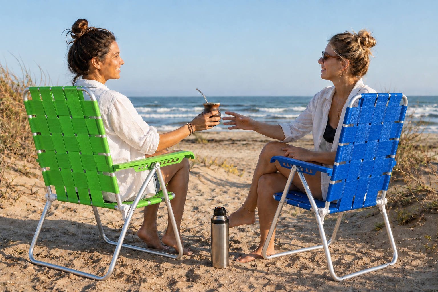 Dos personas compartiendo un mate en reposeras La Panchona frente al mar